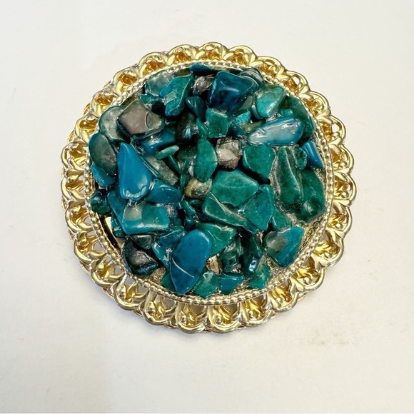 Chrysocolla Gemstone Cluster Pieces Gold Tone Brooch Pin Vintage - Picture 1 of 6